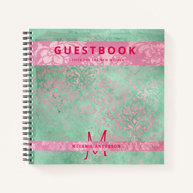 Damask Pink Mint Green Baby Shower Guest Book (Front)