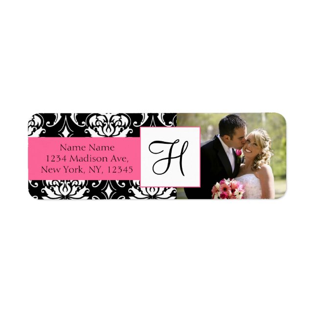 Damask Pink Monogram Photo Wedding Address Labels (Front)