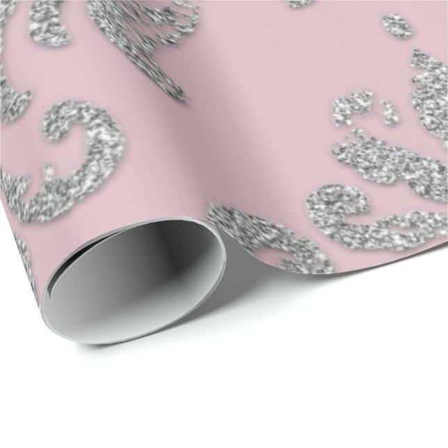 Damask Pink Pastel Royal Metallic Silver Glitter Wrapping Paper (Roll Corner)