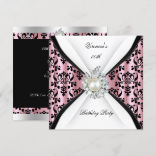 Damask Pink Pearl Diamond Birthday Party Invitation