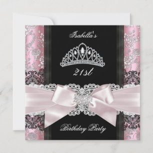 Damask Pink Rose Black White Tiara Birthday Party Invitation