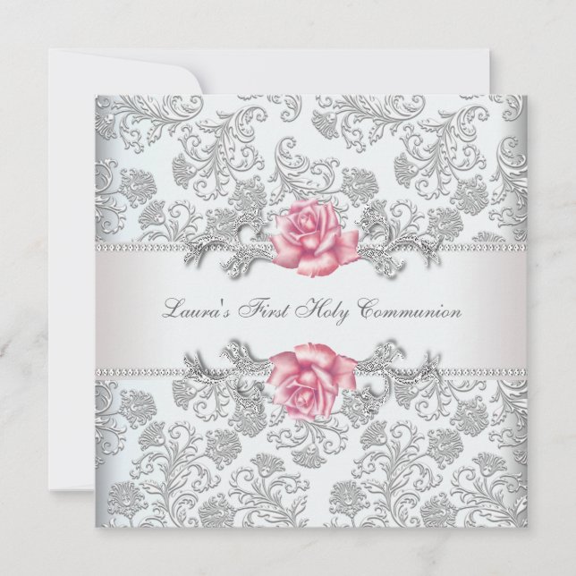 Damask Pink Rose Girls First Communion Invitation (Front)