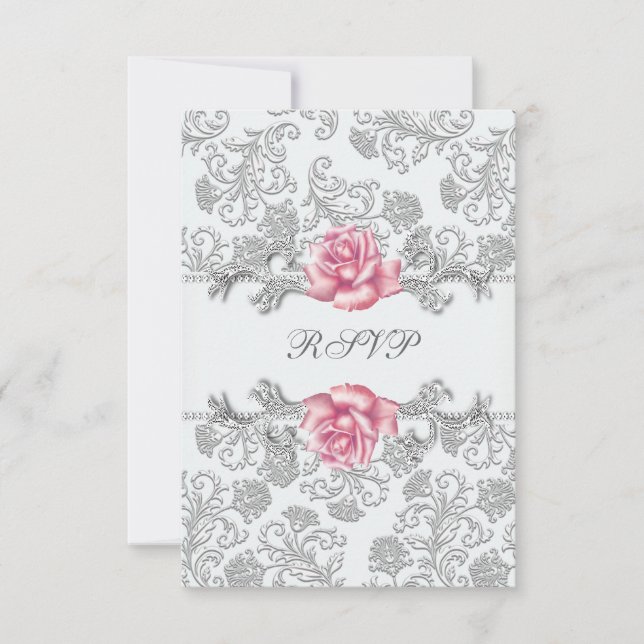 Damask Pink Rose Girls First Communion RSVP (Front)