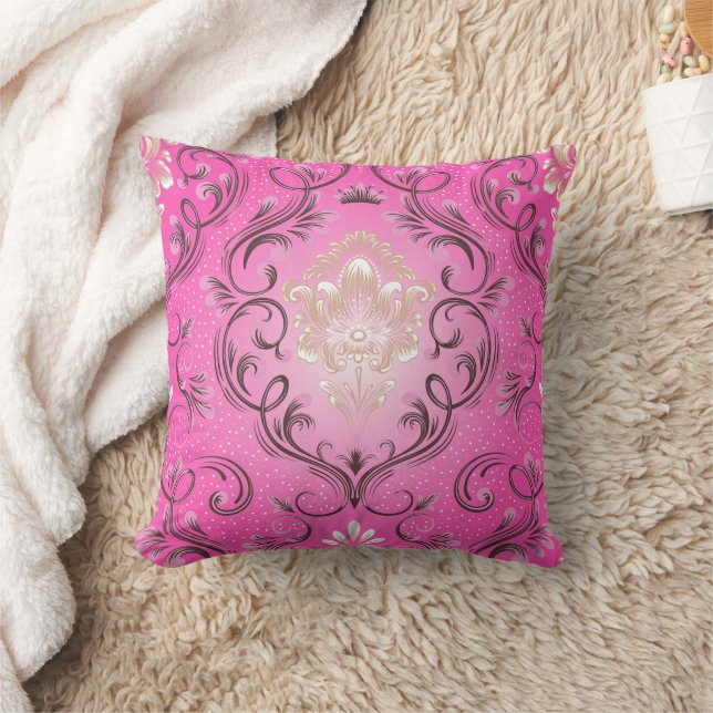 Damask Pink Square Throw Pillow (Blanket)