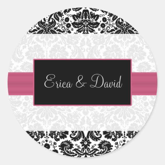 damask pink Wedding Monogram stickers (Front)
