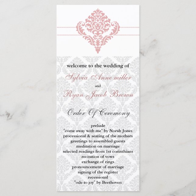 damask  pink Wedding program Programme (Front)