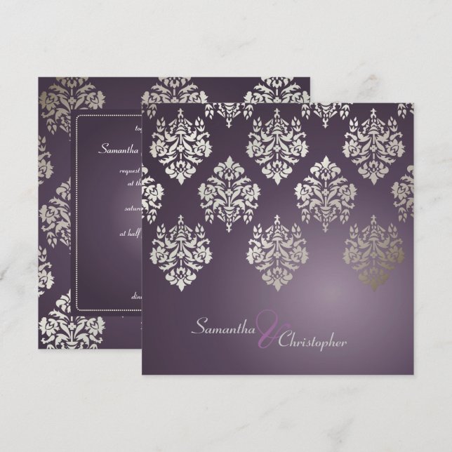 Damask/plum/faux silver wedding invitations (Front/Back)