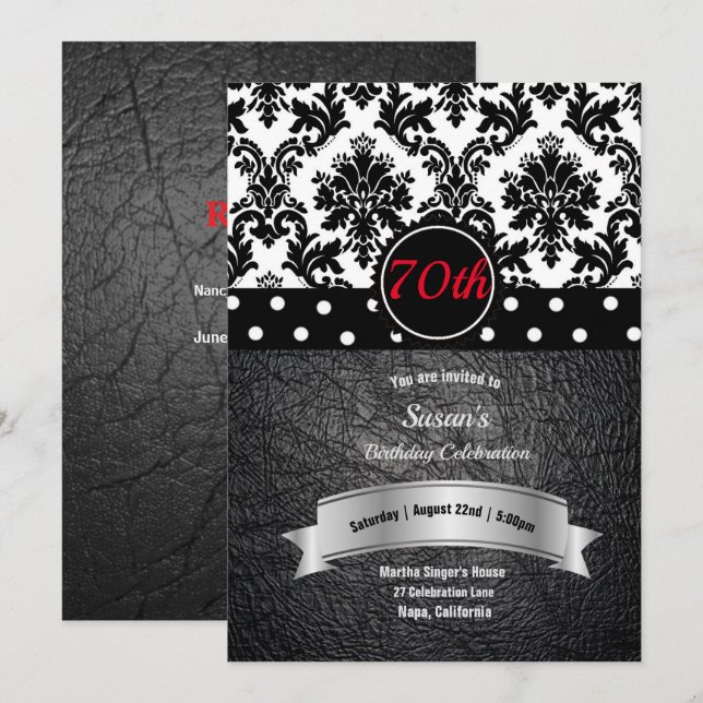 Damask & Polka Dots 70th Birthday Party  Invitation (Front/Back)