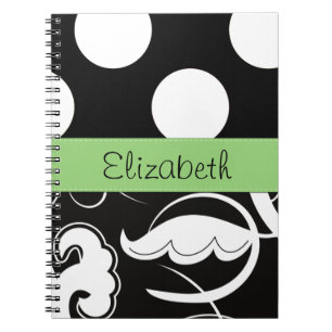 Damask, Polka Dots, Black and White, Your Name Notebook