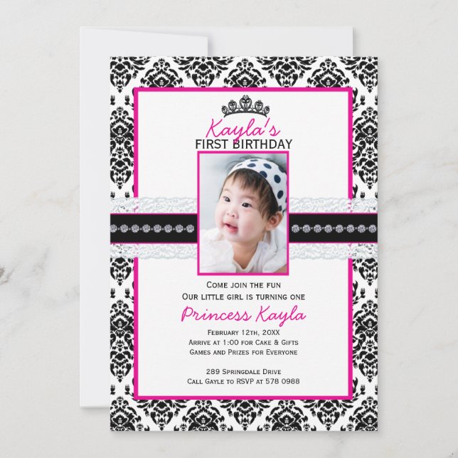 Damask Princess Photo Birthday Invitations 5X7 (Front)