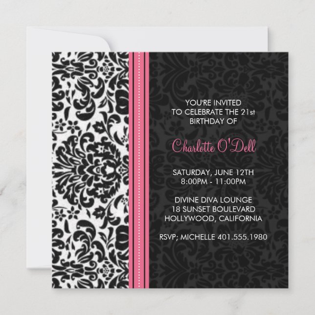 damask print birthday party invitation (Front)