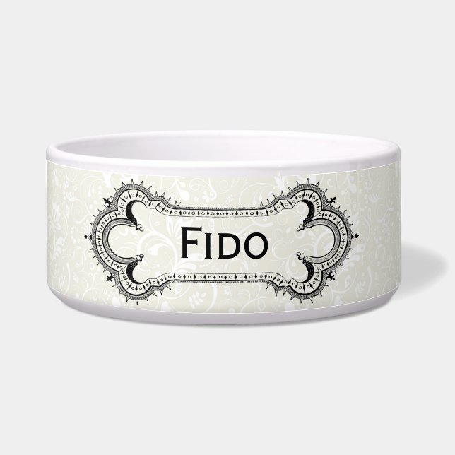 Damask Print & Customisable Vintage Bone Pet Bowl (Front)