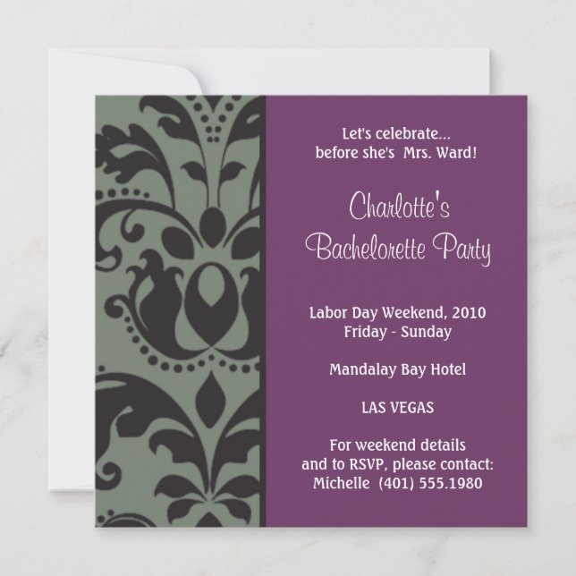 damask purple; bachelorette invitation (Front)