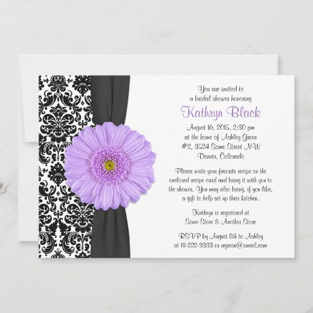 Damask Purple Gerbera Daisy Recipe Bridal Shower Invitation (Front)