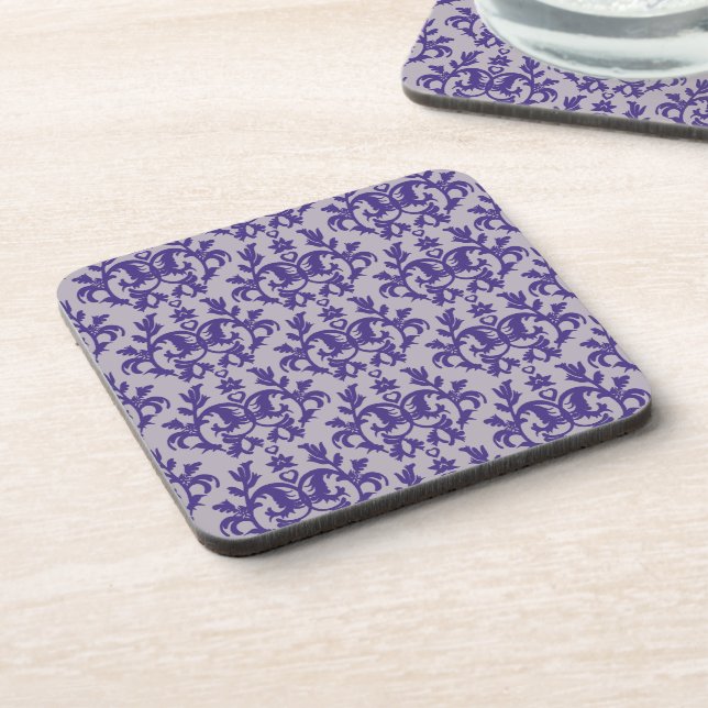 Damask purple & grey botanic set of 6 coasters (Left Side)