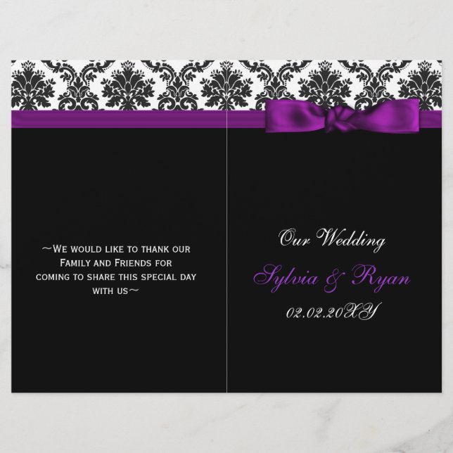 damask ,purple ribbon book fold Wedding program (Front)