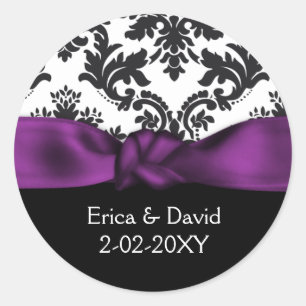 damask purple wedding classic round sticker