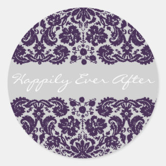 Damask Purple Wedding Classic Round Sticker