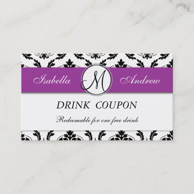 Damask Purple Wedding Free Drink Coupon Card (Front)