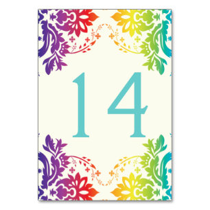 Damask rainbow wedding table number place card