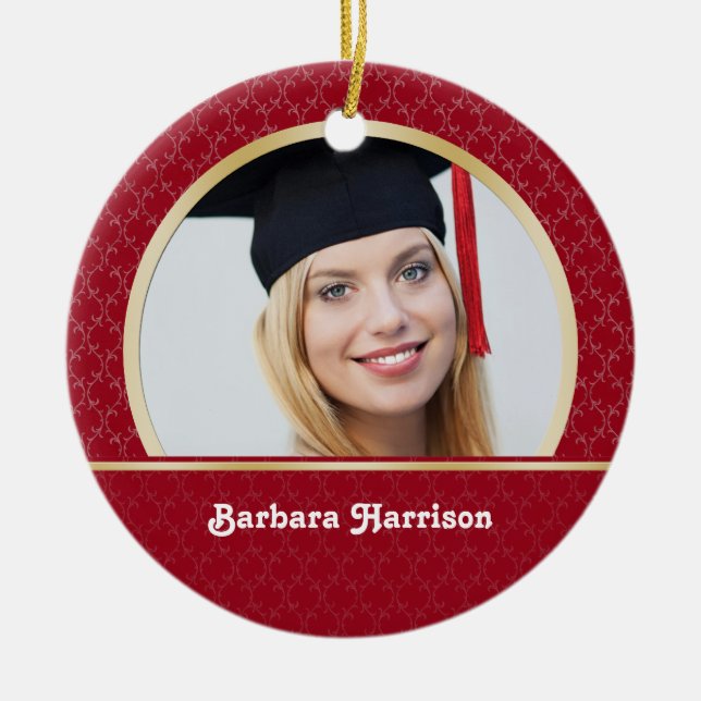 Damask red and gold Graduation photo Ornament (Front)
