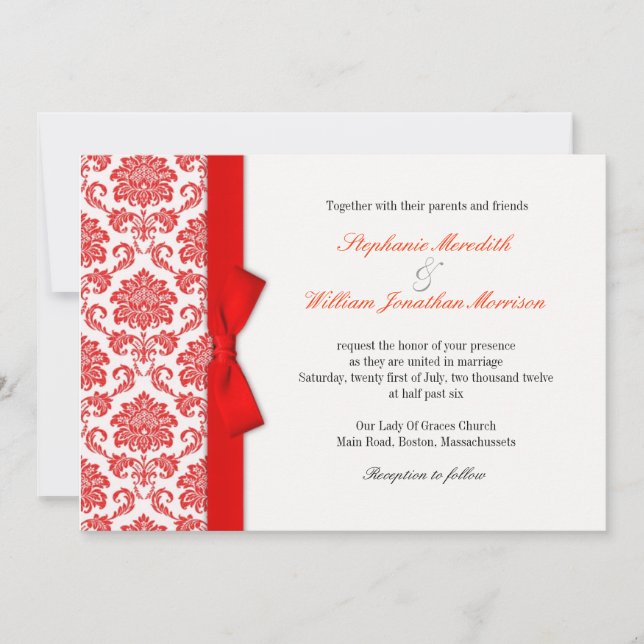 Damask Red Bow Wedding Invitation (Front)
