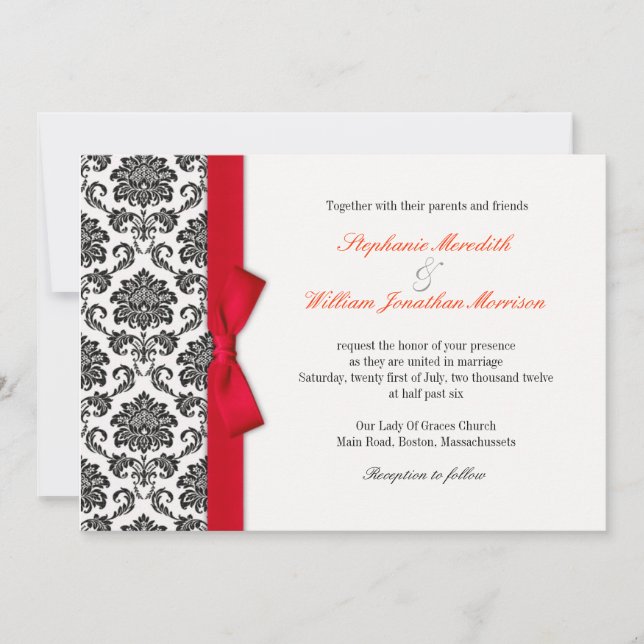 Damask Red Bow Wedding Invitation (Front)