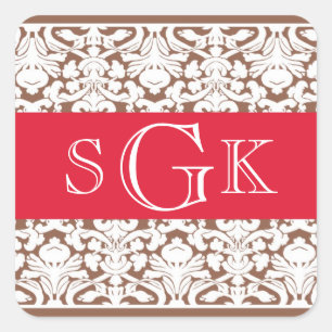 Damask red brown 3 initial monogram wedding favour square sticker