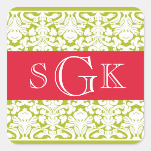 Damask red green 3 initial monogram wedding favour square sticker