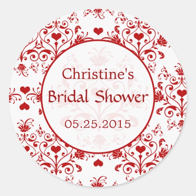 Damask red hearts swirls Bridal Shower Sticker (Front)