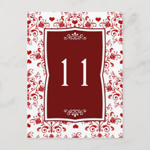Damask red on  white floral, hearts Table Number Postcard