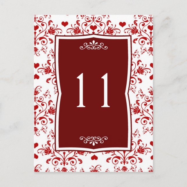 Damask red on  white floral, hearts Table Number Postcard (Front)