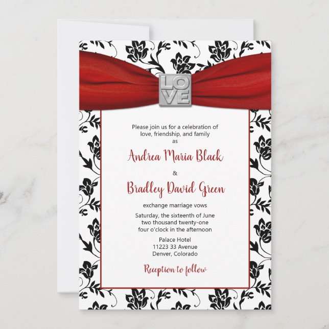 Damask & Red Satin Ribbon Invitation (Front)