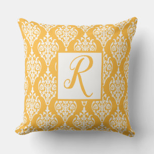 Damask regal gold white monogram cushion