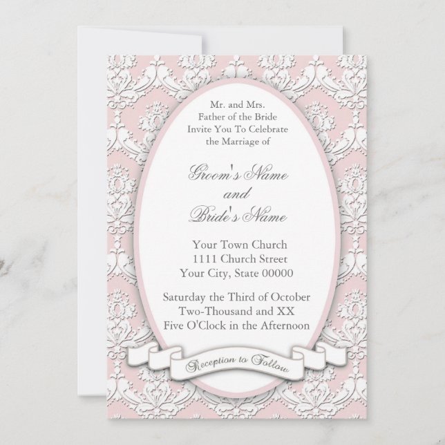 Damask Ribbon Invitation (Pink) (Front)