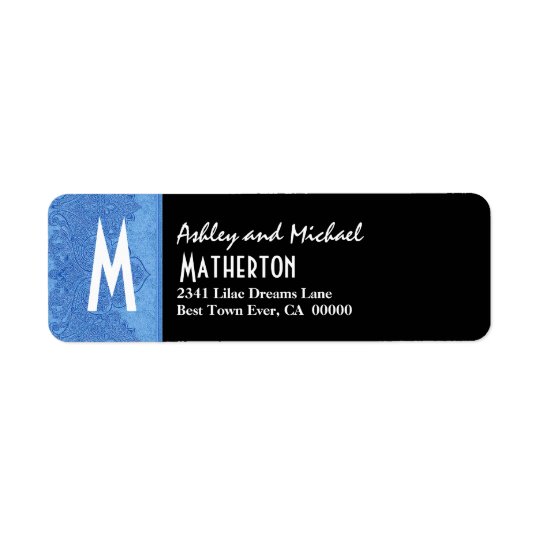 Damask Ribbon Modern Monogram Blue Black V003 Return Address Label