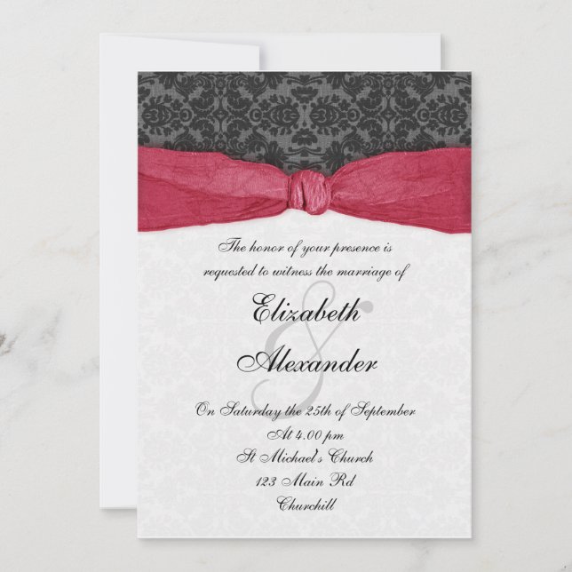 Damask Ribbon Wrapped Invitation - Red (Front)