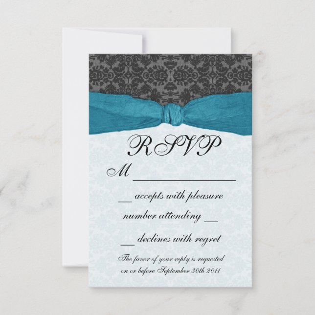 Damask Ribbon Wrapped RSVP - Teal (Front)