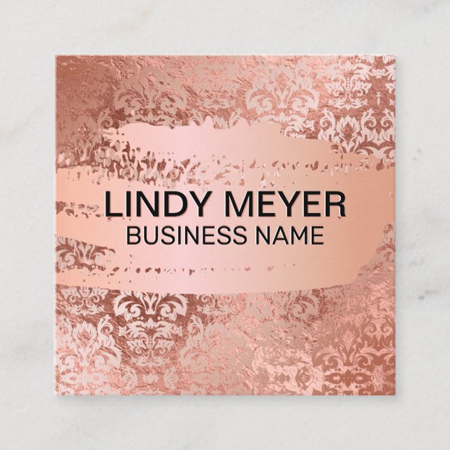 Damask Rose Gold Foil | Rose Gold Brushed Square Business Card (Front)