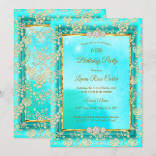 Damask rose teal blue Gold Birthday Party Invitation