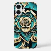 Damask Rose Teal, Gold and Black