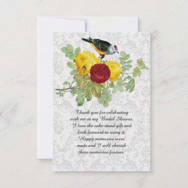 Damask Roses and Songbird Bridal Shower  Thank You Card (Front)
