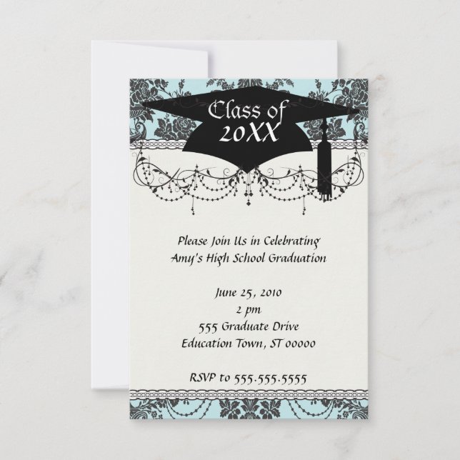 damask roses light blue and black graduation invitation (Front)