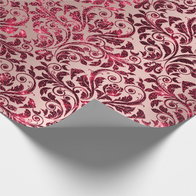Damask Royal Burgundy Red Maroon Pink Rose Wrapping Paper (Corner)