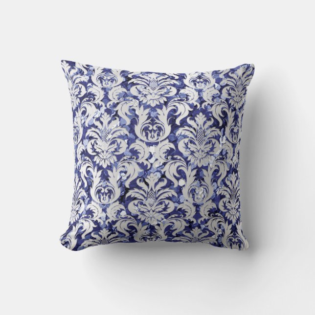 Damask Royal Glitter Silver Gray Indigo  Blue Navy Cushion (Front)