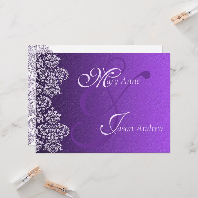 Damask Royal Purple Wedding Invitation Card (Front/Back In Situ)