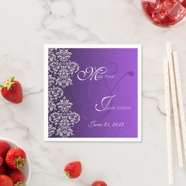 Damask Royal Purple Wedding Paper Napkins (Insitu)