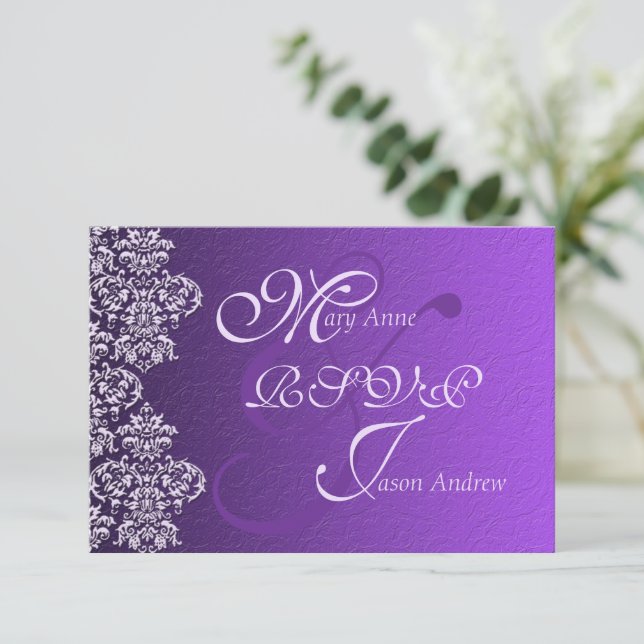 Damask Royal Purple Wedding RSVP Card (Standing Front)
