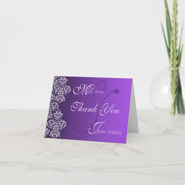 Damask Royal Purple Wedding Thank You Note Card (Front)