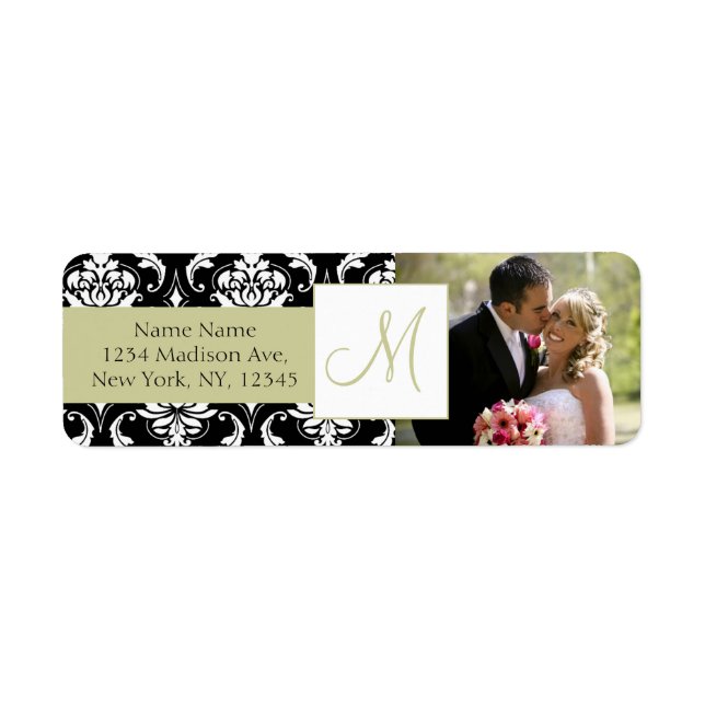 Damask Sage Monogram Photo Wedding Address Labels (Front)